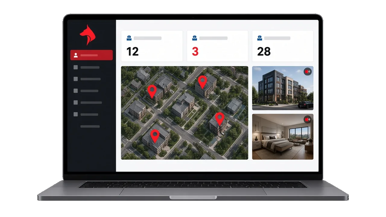 Laptop showing a Doberman Security operations dashboard with a live map, site counts, and camera views
